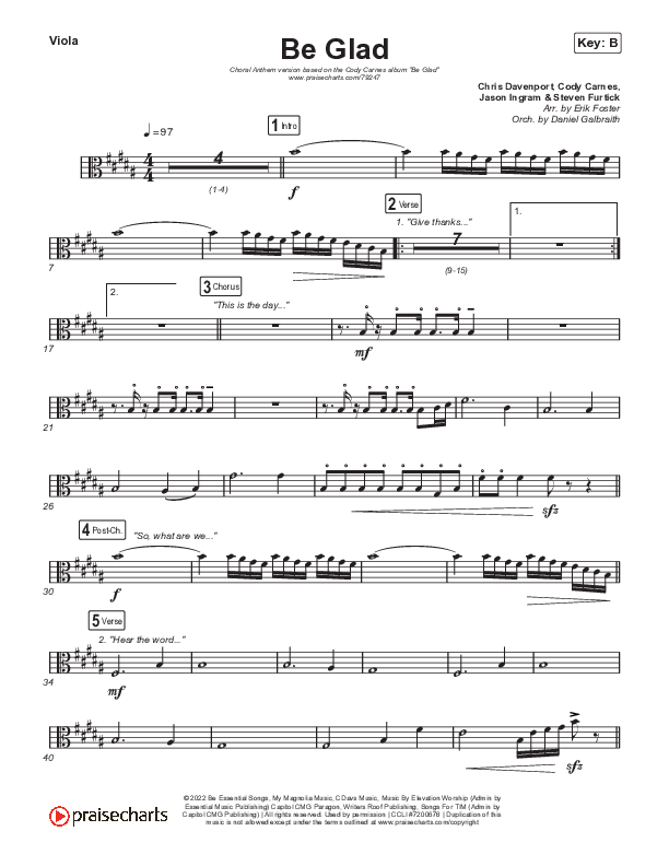 Be Glad (Choral Anthem SATB) Viola (Cody Carnes / Arr. Erik Foster)