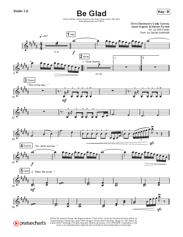 Be Glad (Choral Anthem SATB) Violin 1,2 (Cody Carnes / Arr. Erik Foster)