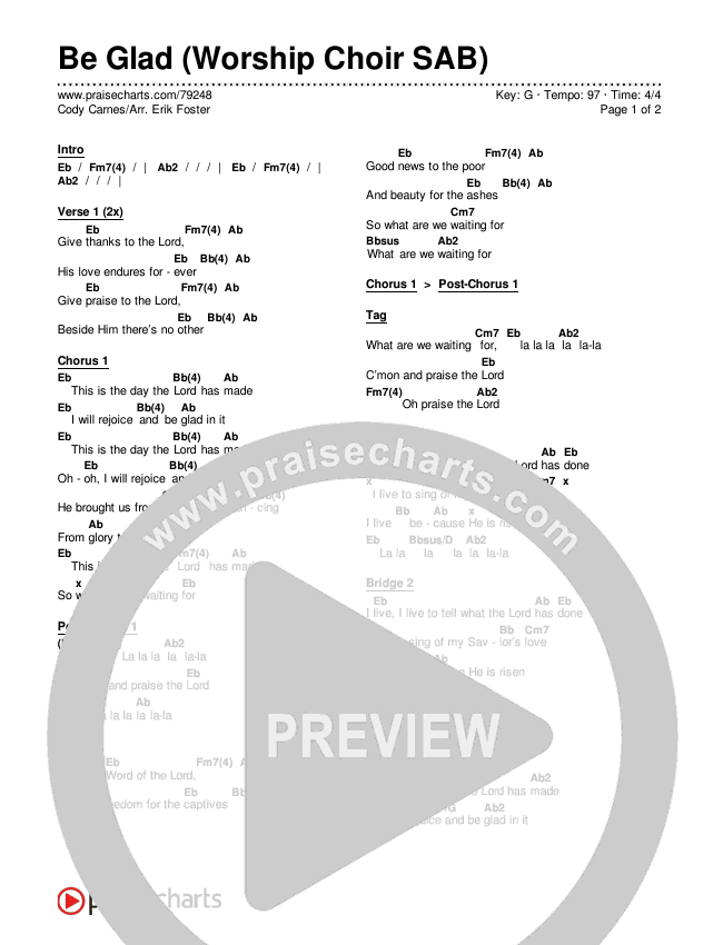 Be Glad (Worship Choir SAB) Chords & Lyrics (Cody Carnes / Arr. Erik Foster)