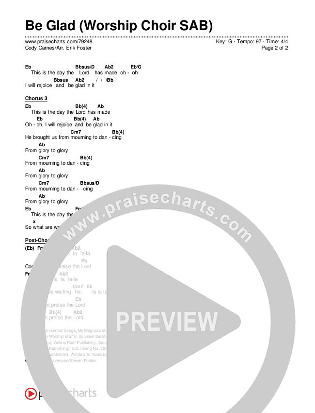 Be Glad (Worship Choir SAB) Chords & Lyrics (Cody Carnes / Arr. Erik Foster)