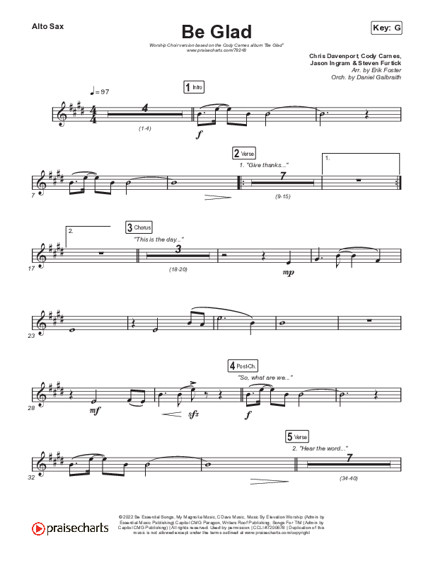 Be Glad (Worship Choir SAB) Sax Pack (Cody Carnes / Arr. Erik Foster)