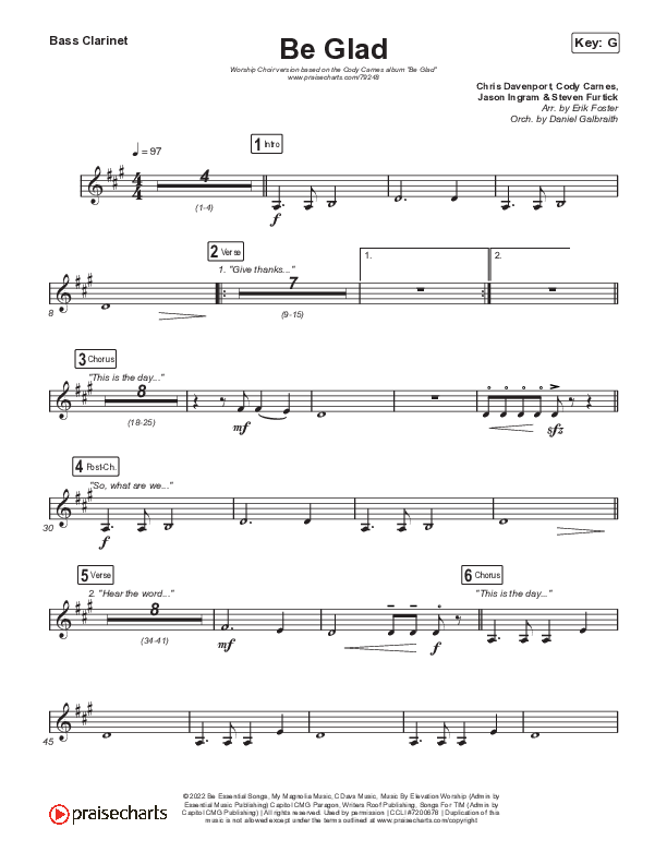 Be Glad (Worship Choir SAB) Bass Clarinet (Cody Carnes / Arr. Erik Foster)