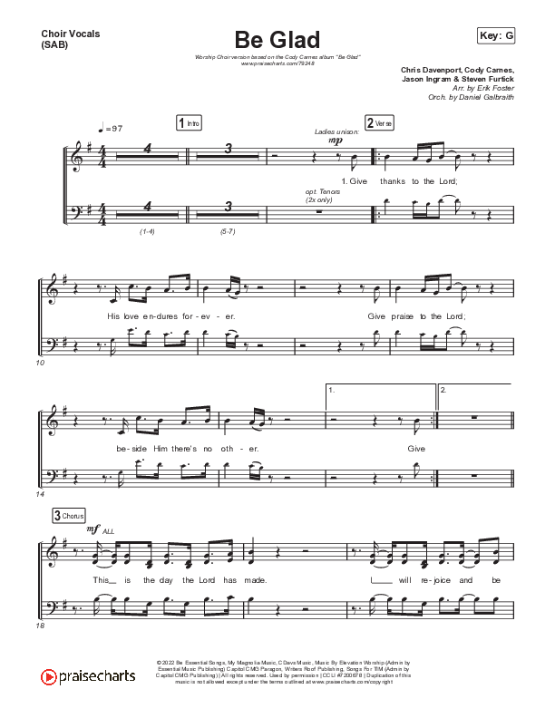 Be Glad (Worship Choir SAB) Choir Sheet (SAB) (Cody Carnes / Arr. Erik Foster)