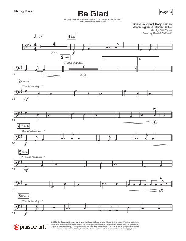 Be Glad (Worship Choir SAB) Double Bass (Cody Carnes / Arr. Erik Foster)
