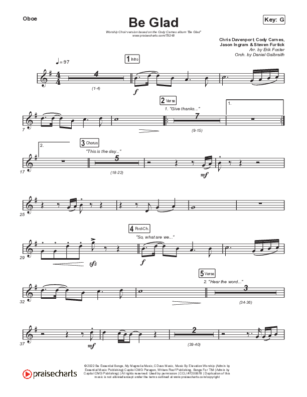 Be Glad (Worship Choir SAB) Oboe (Cody Carnes / Arr. Erik Foster)