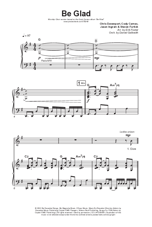 Be Glad (Worship Choir SAB) Octavo (SAB & Pno) (Cody Carnes / Arr. Erik Foster)