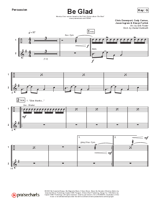 Be Glad (Worship Choir SAB) Percussion (Cody Carnes / Arr. Erik Foster)