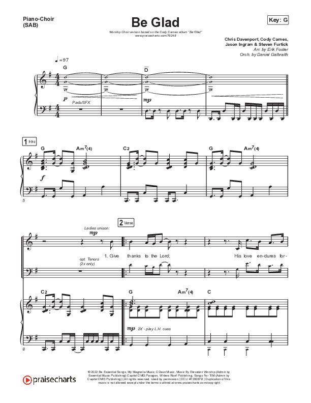 Be Glad (Worship Choir SAB) Piano/Choir (SAB) (Cody Carnes / Arr. Erik Foster)