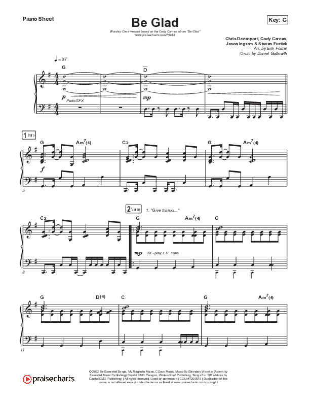 Be Glad (Worship Choir SAB) Piano Sheet (Cody Carnes / Arr. Erik Foster)