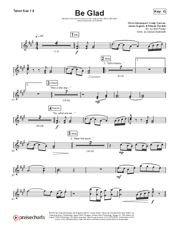 Be Glad (Worship Choir SAB) Tenor Sax 1/2 (Cody Carnes / Arr. Erik Foster)