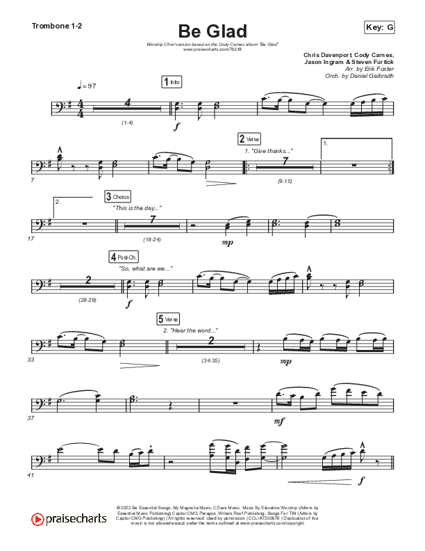 Be Glad (Worship Choir SAB) Trombone 1/2 (Cody Carnes / Arr. Erik Foster)