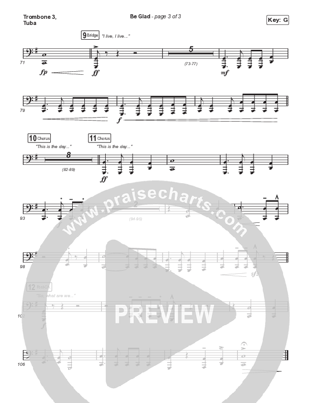 Be Glad (Worship Choir SAB) Trombone 3/Tuba (Cody Carnes / Arr. Erik Foster)