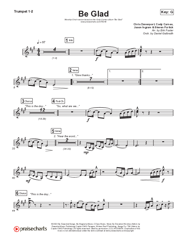 Be Glad (Worship Choir SAB) Trumpet 1,2 (Cody Carnes / Arr. Erik Foster)