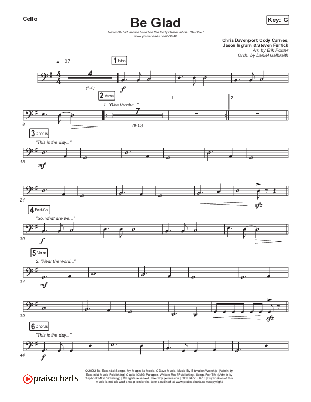 Be Glad (Unison/2-Part Choir) Cello (Cody Carnes / Arr. Erik Foster)