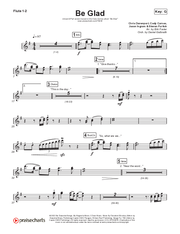 Be Glad (Unison/2-Part Choir) Flute 1/2 (Cody Carnes / Arr. Erik Foster)