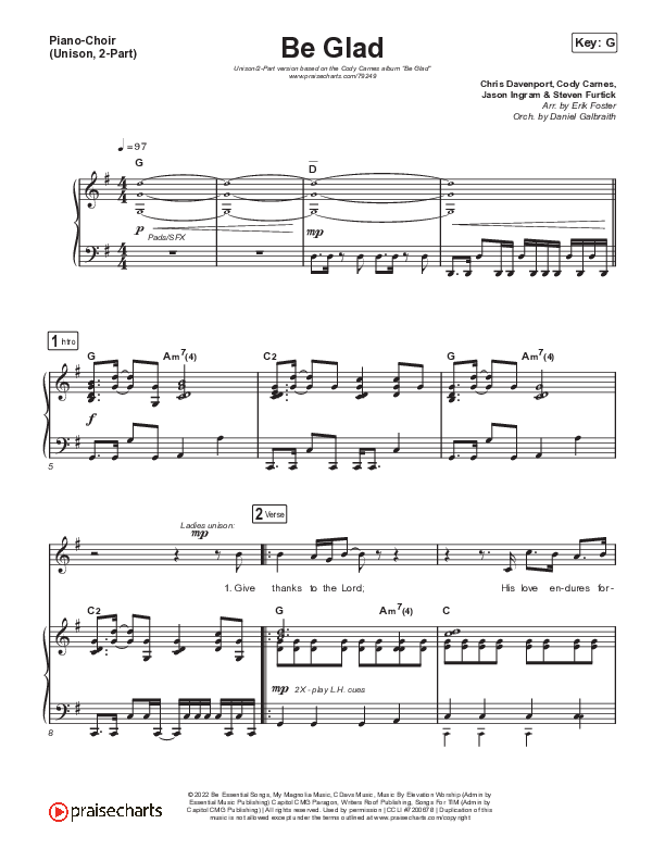 Be Glad (Unison/2-Part ST/AB) Piano/Choir  (Uni/2-Part) (Cody Carnes / Arr. Erik Foster)
