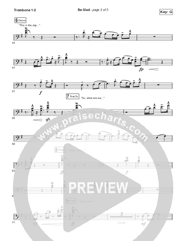 Be Glad (Unison/2-Part Choir) Trombone 1/2 (Cody Carnes / Arr. Erik Foster)