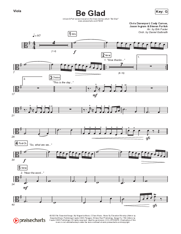 Be Glad (Unison/2-Part Choir) Viola (Cody Carnes / Arr. Erik Foster)
