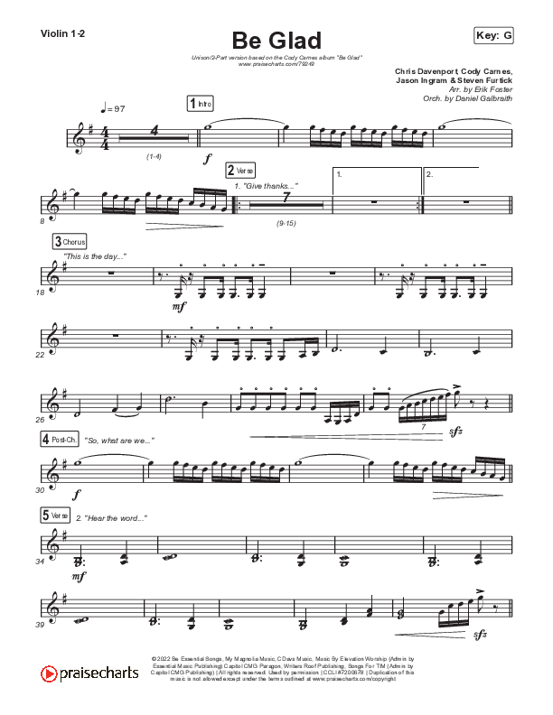 Be Glad (Unison/2-Part Choir) Violin 1/2 (Cody Carnes / Arr. Erik Foster)