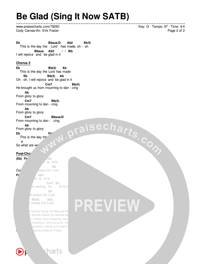 Be Glad (Sing It Now SATB) Chords & Lyrics (Cody Carnes / Arr. Erik Foster)