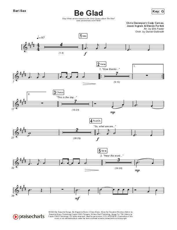 Be Glad (Sing It Now SATB) Bari Sax (Cody Carnes / Arr. Erik Foster)