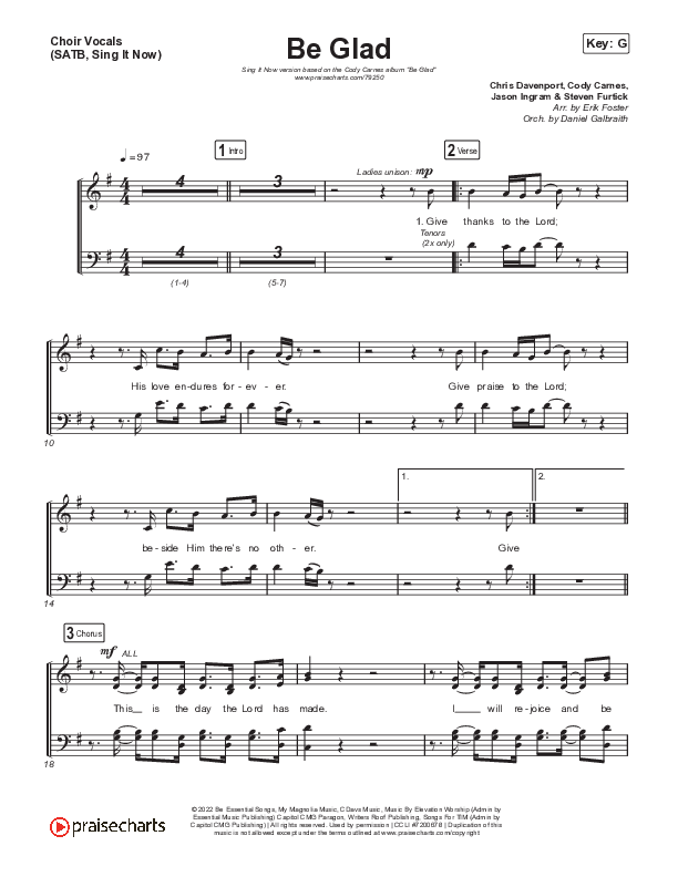 Be Glad (Sing It Now SATB) Choir Sheet (SATB) (Cody Carnes / Arr. Erik Foster)