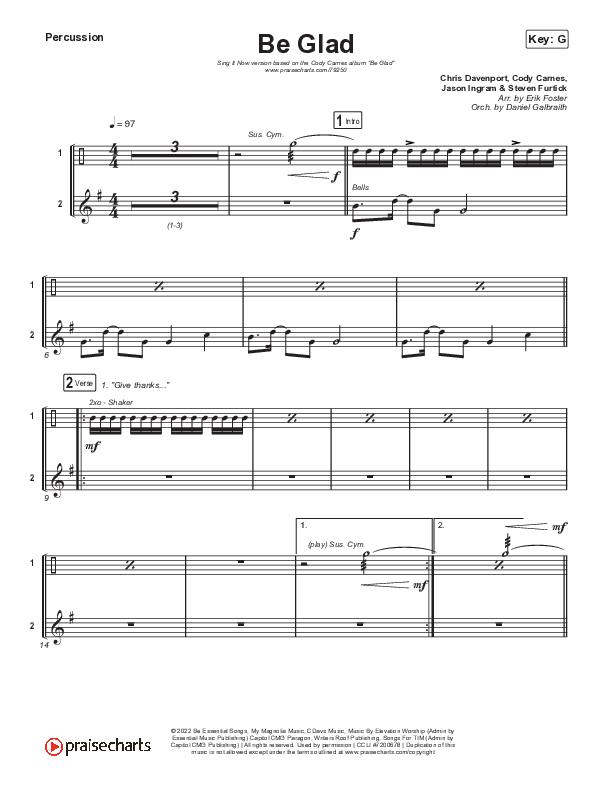 Be Glad (Sing It Now SATB) Percussion (Cody Carnes / Arr. Erik Foster)