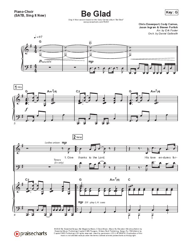Be Glad (Sing It Now SATB) Piano/Choir (SATB) (Cody Carnes / Arr. Erik Foster)