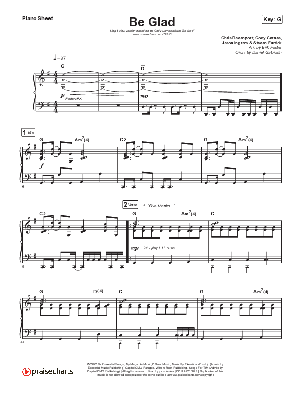 Be Glad (Sing It Now SATB) Piano Sheet (Cody Carnes / Arr. Erik Foster)