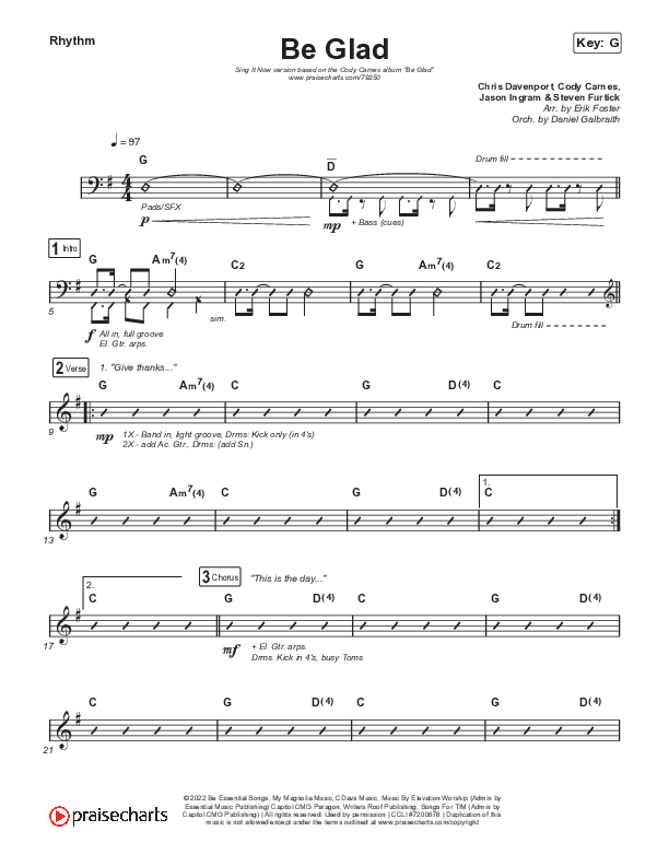 Be Glad (Sing It Now SATB) Rhythm Chart (Cody Carnes / Arr. Erik Foster)