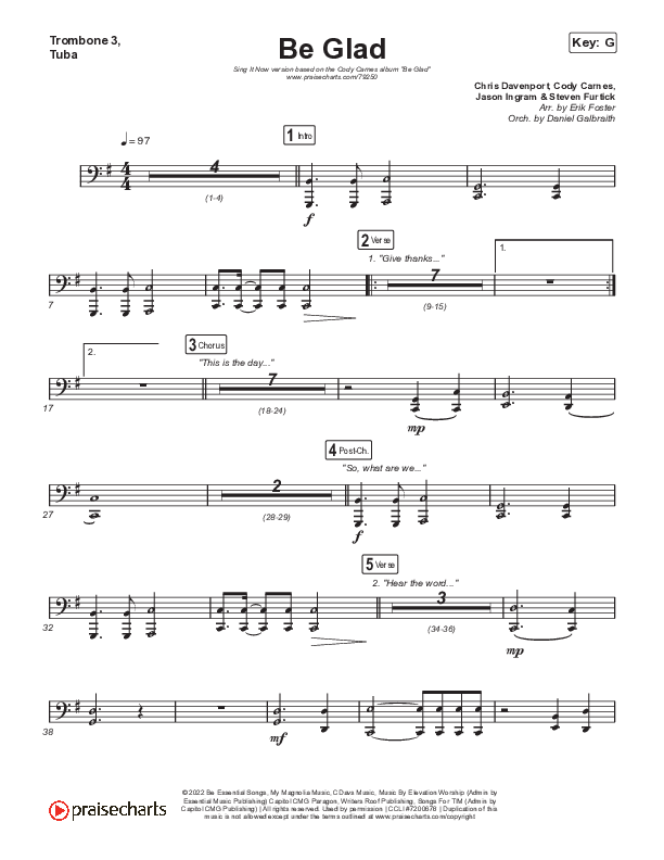Be Glad (Sing It Now SATB) Trombone 3/Tuba (Cody Carnes / Arr. Erik Foster)