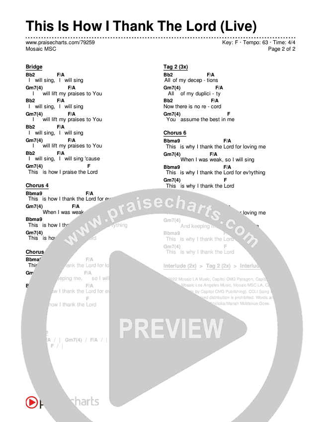 This Is How I Thank The Lord (Live) Chords & Lyrics (Mosaic MSC)