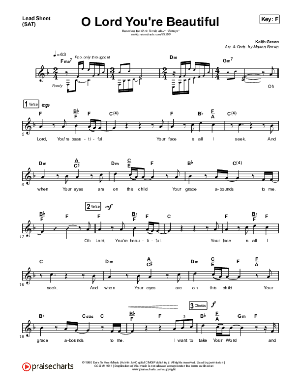 O Lord You're Beautiful Lead Sheet (SAT) (Chris Tomlin / Steffany Gretzinger)