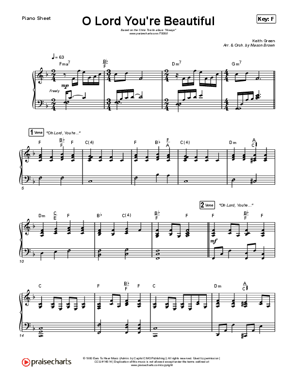 O Lord You're Beautiful Piano Sheet (Chris Tomlin / Steffany Gretzinger)