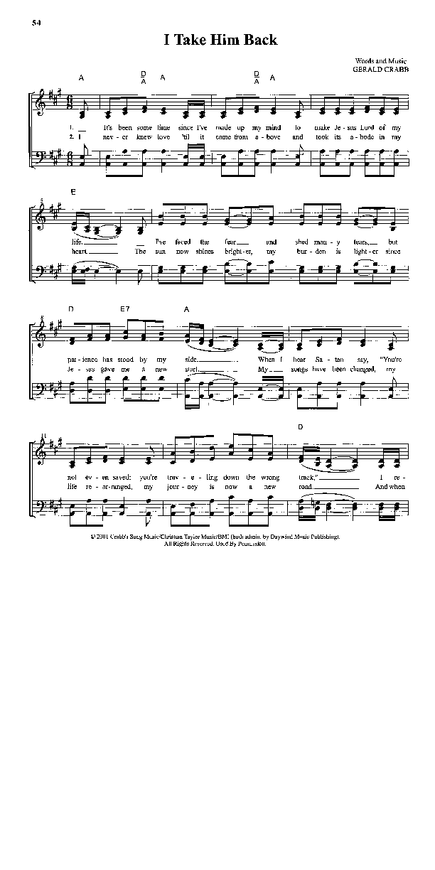 I Take Him Back Lead Sheet (Mike Bowling)