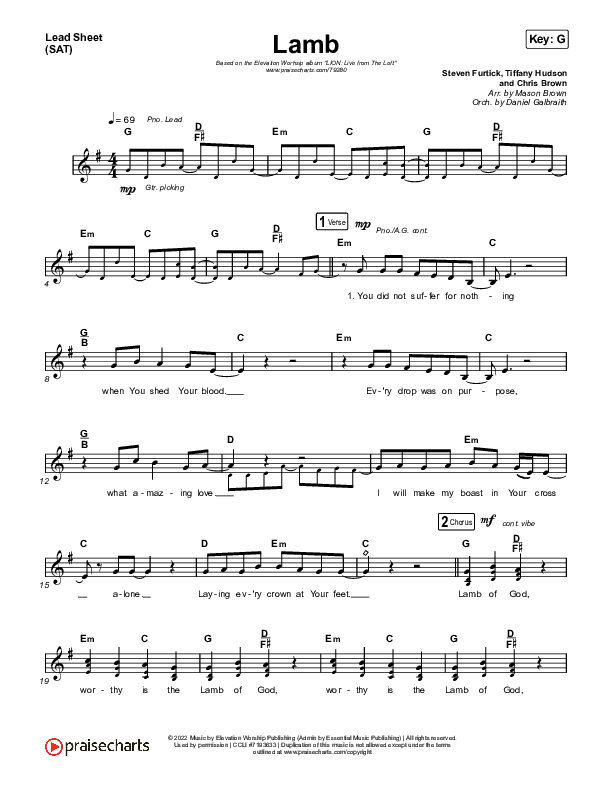 Lamb (Live) Lead Sheet (SAT) (Elevation Worship / Tiffany Hudson)