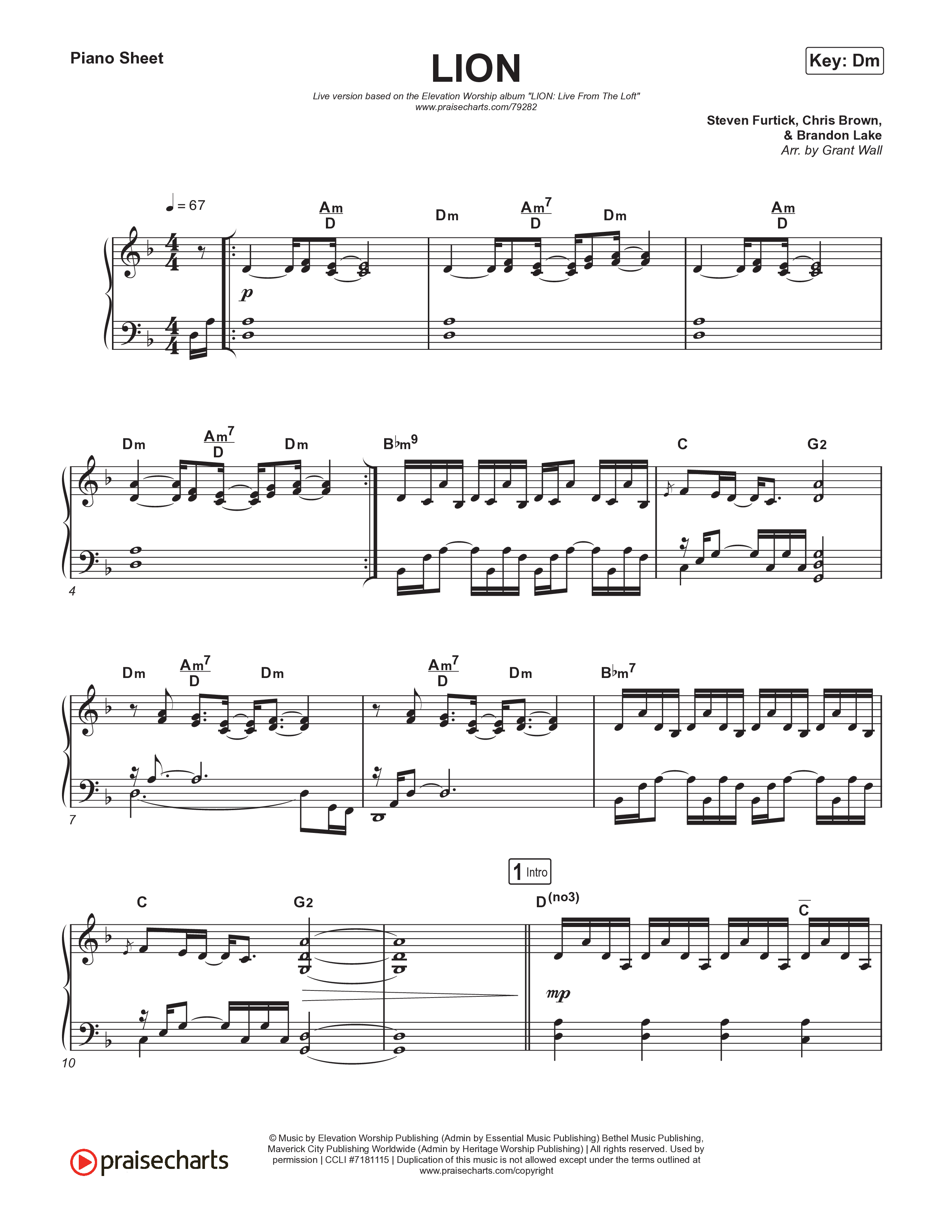 LION (Live) Piano Sheet (Elevation Worship / Chris Brown / Brandon Lake)