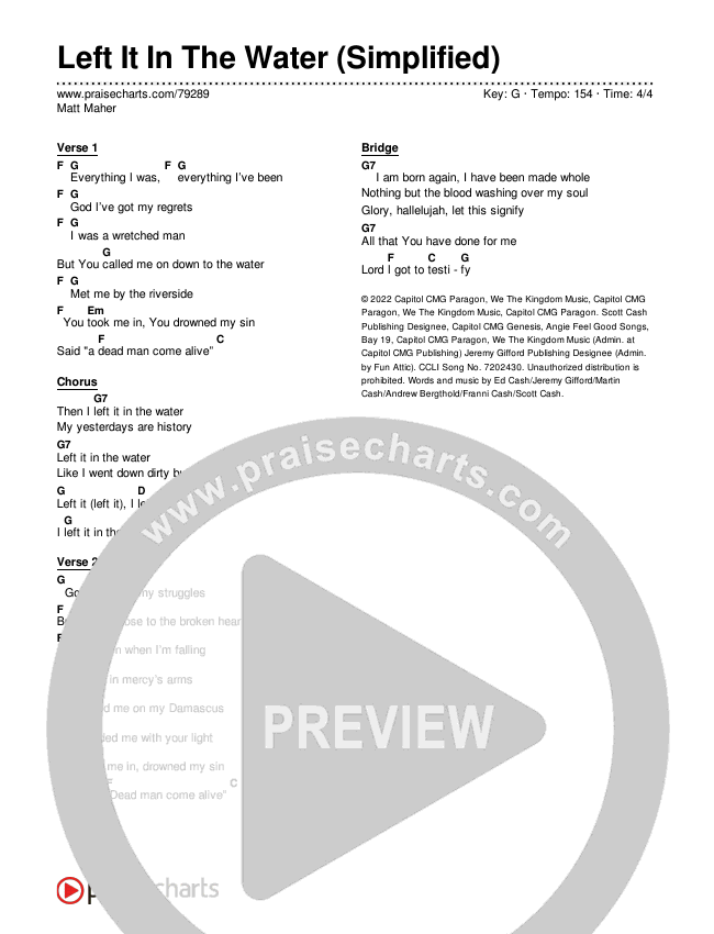 Left It In The Water (Simplified) Chord Chart (Matt Maher)