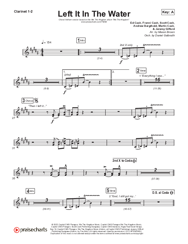 Left It In The Water (Choral Anthem SATB) Clarinet 1/2 (We The Kingdom / Arr. Mason Brown)