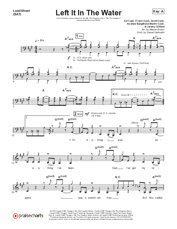 Left It In The Water (Choral Anthem SATB) Lead Sheet (SAT) (We The Kingdom / Arr. Mason Brown)