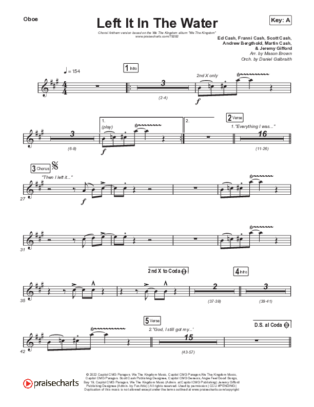 Left It In The Water (Choral Anthem SATB) Oboe (We The Kingdom / Arr. Mason Brown)