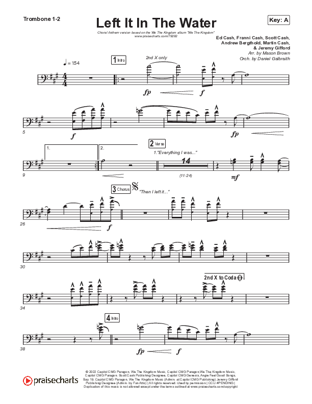 Left It In The Water (Choral Anthem SATB) Trombone 1,2 (We The Kingdom / Arr. Mason Brown)