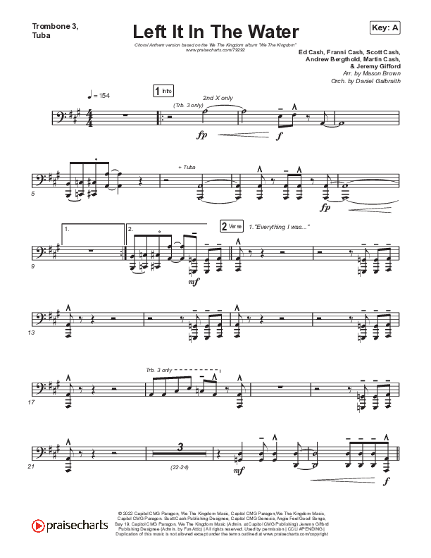 Left It In The Water (Choral Anthem SATB) Trombone 3/Tuba (We The Kingdom / Arr. Mason Brown)