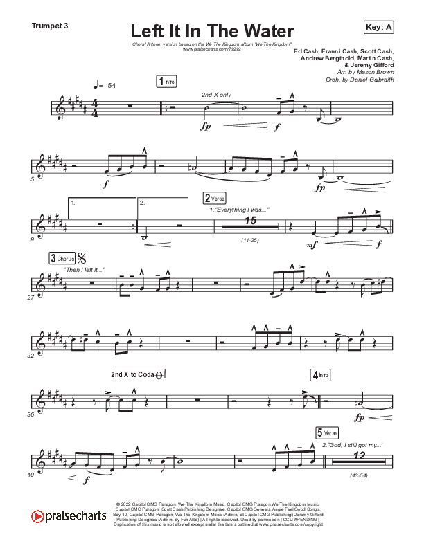 Left It In The Water (Choral Anthem SATB) Trumpet 3 (We The Kingdom / Arr. Mason Brown)