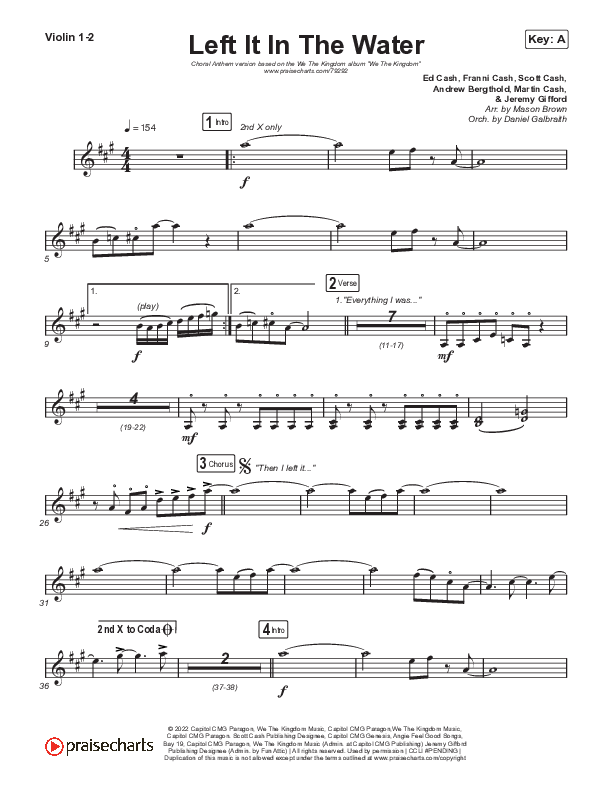 Left It In The Water (Choral Anthem SATB) Violin 1,2 (We The Kingdom / Arr. Mason Brown)