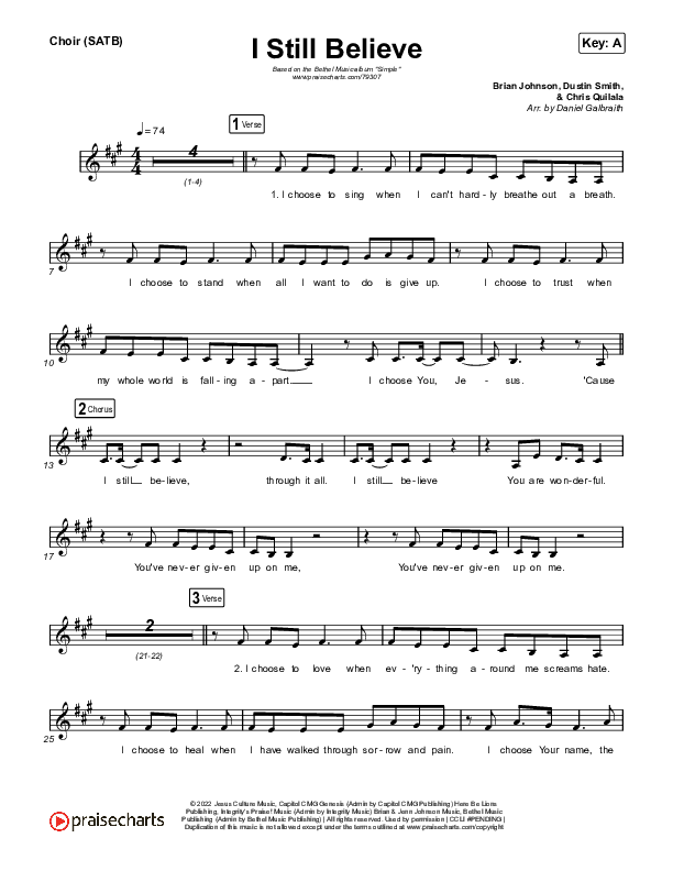 I Still Believe Choir Sheet (SATB) (Bethel Music / Brian Johnson)
