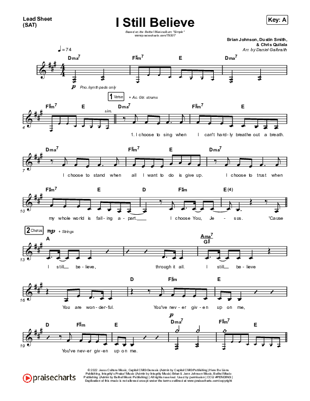I Still Believe Lead Sheet (SAT) (Bethel Music / Brian Johnson)