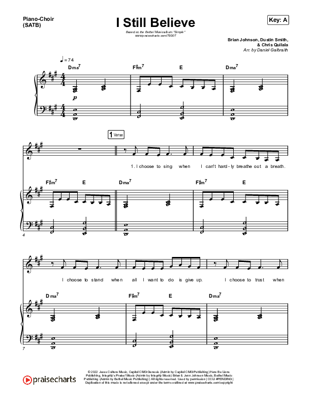 I Still Believe Piano/Vocal (SATB) (Bethel Music / Brian Johnson)