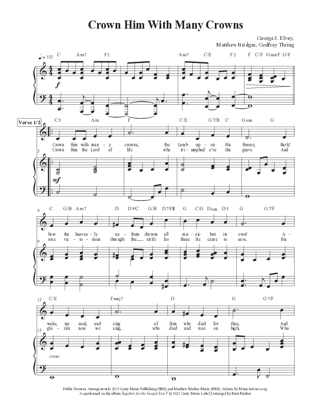 Crown Him With Many Crowns (Live) Piano/Melody (Matt Merker)