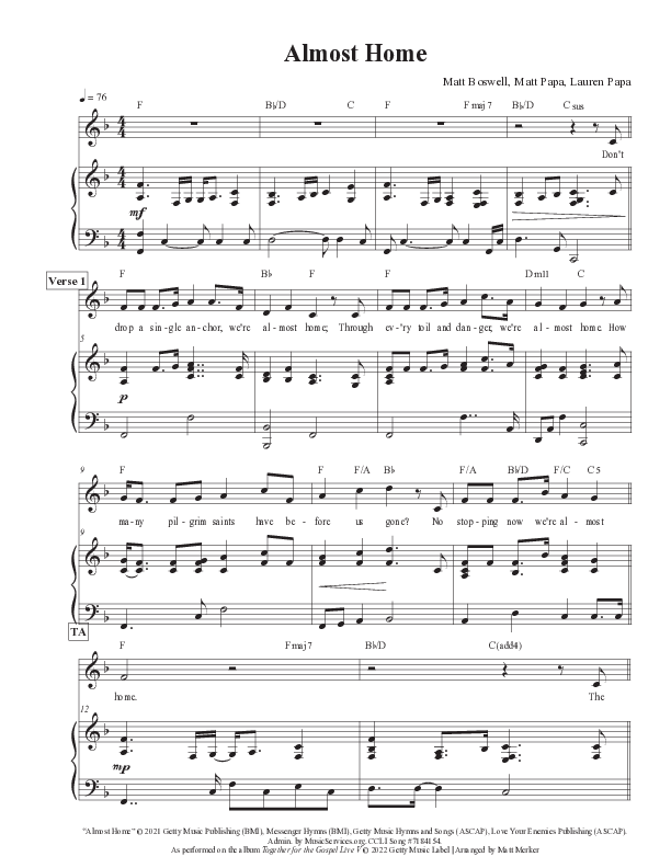 Almost Home (Live) Piano/Melody (Matt Merker)